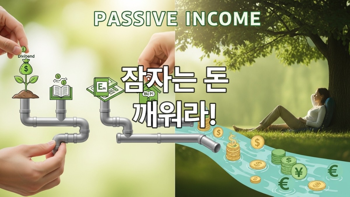 다양한 파이프라인이 연결되어 돈이 흐르는 개념적인 이미지로, 패시브 인컴을 통해 재정적 자유를 얻는 모습을 초록색 계열로 표현.
