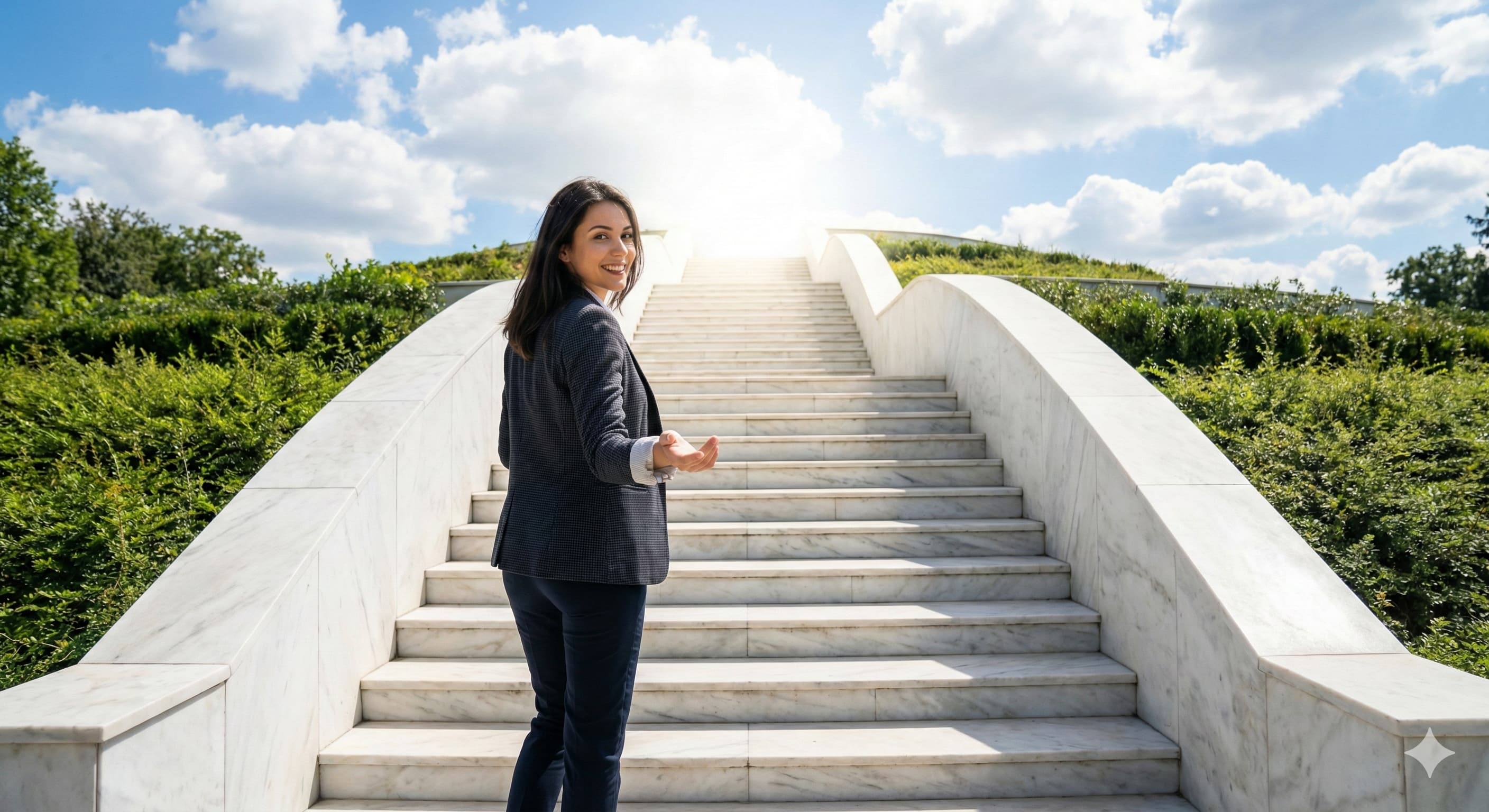 푸른 하늘과 맞닿은 아름다운 야외 계단을 오르며 뒤를 돌아보며 손을 내미는 여성 모델.