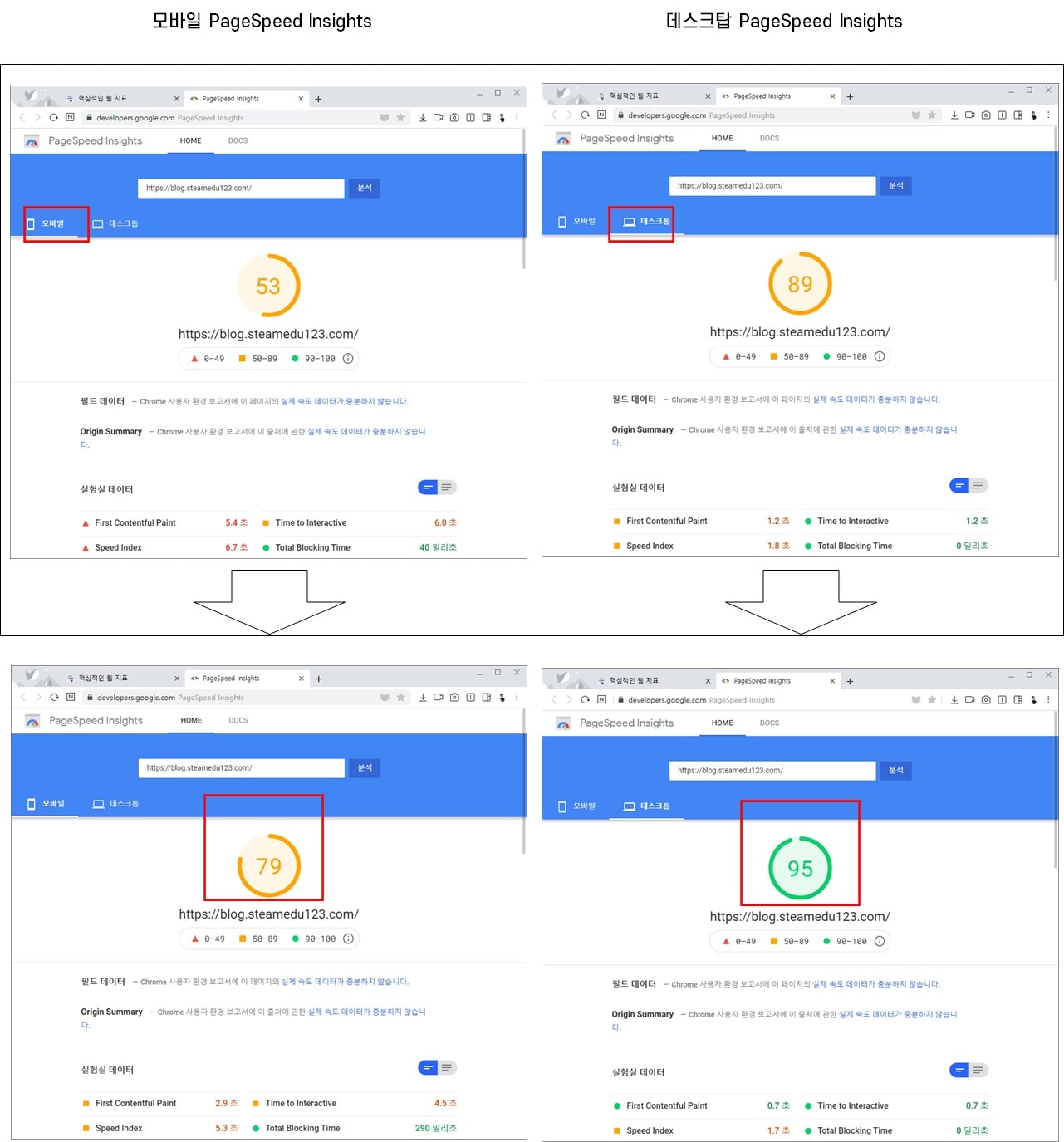 구글-설치콘솔-PageSpeed-Insights-점수-결과-화면