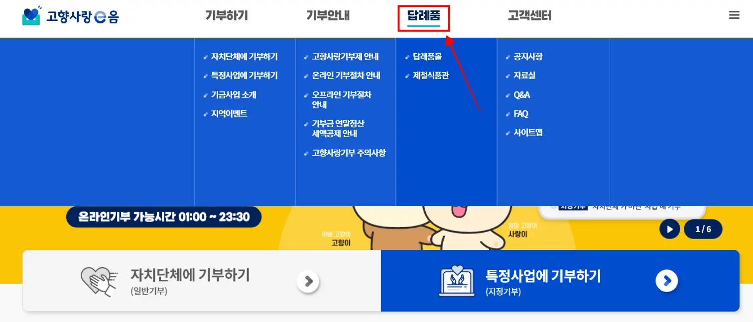 고향사랑e음 사이트 화면