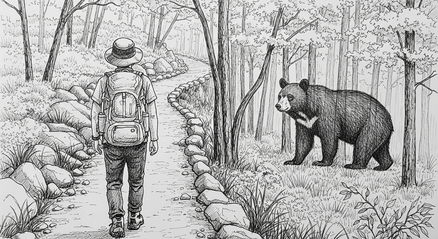 탐방로 등산객과 숲속 곰 실루엣