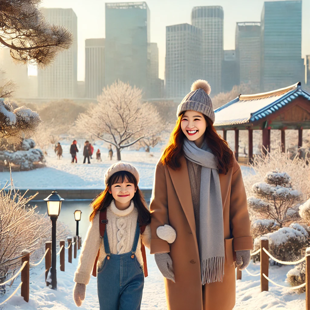 이 사진은 엄마와 아이의 겨울 여행 모습 사진입니다.