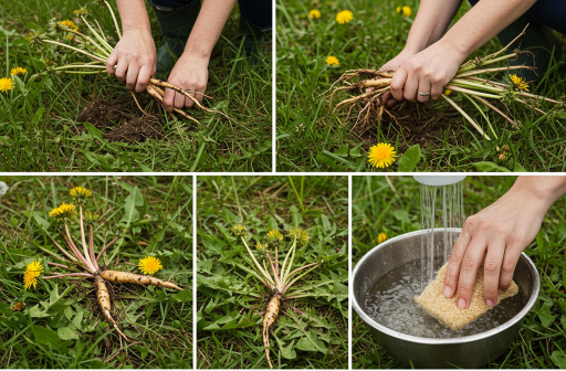 민들레 뿌리를 채취하여 씻는 모습