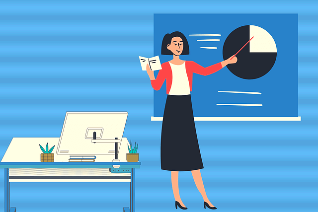 검정색 단발머리 여자교사가 붉은 니트와 검정 치마를 입고 서서 칠판을 가리키며 가르치고 있다.