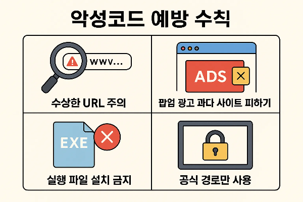 유튜브 영상 무료 다운로드 무료 툴 사용 시 발생할 수 있는 악성코드 위험을 예방하기 위해 수상한 URL, 팝업 광고, 실행 파일 설치, 공식 경로 이용을 강조한 인포그래픽