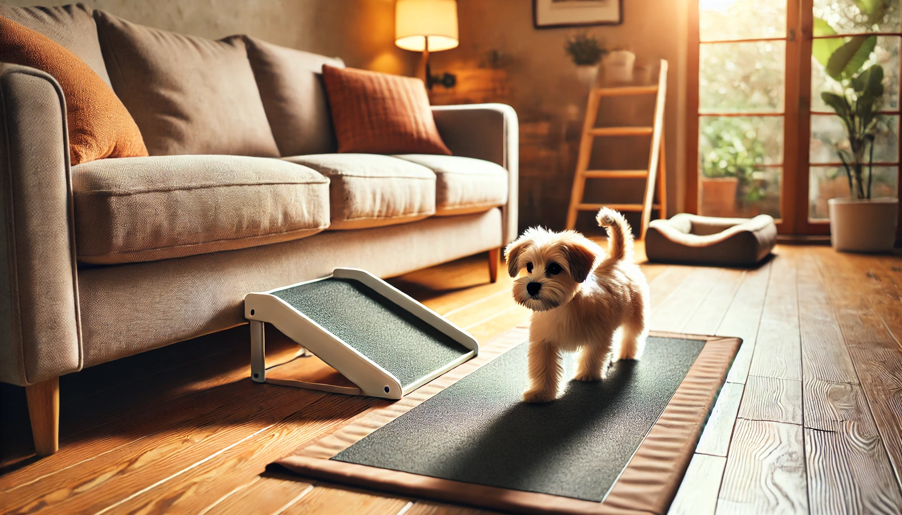 미끄럼 방지 매트와 소파용 계단이 설치된 안전한 실내 공간에서 소형견이 편안하게 걷는 모습