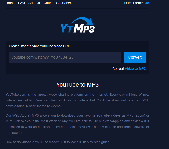 Ytmp3 홈페이지 다크 테마