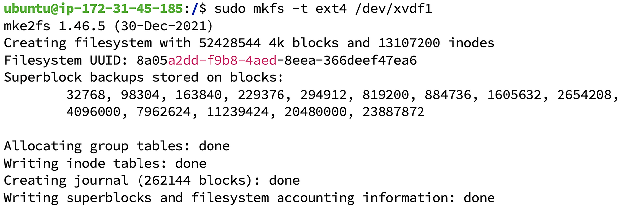 mkfs -t ext4 /dev/<파티션이름>