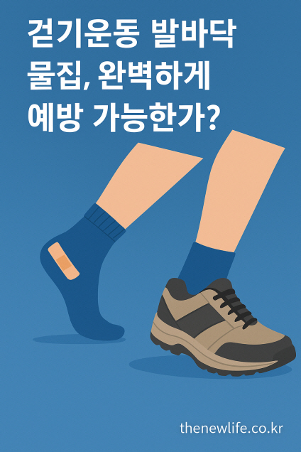 A flat-style digital illustration showing two legs mid-step, wearing blue socks and beige trail shoes. One heel has a bandage, highlighting blister prevention during long walks. The Korean text at the top reads, 