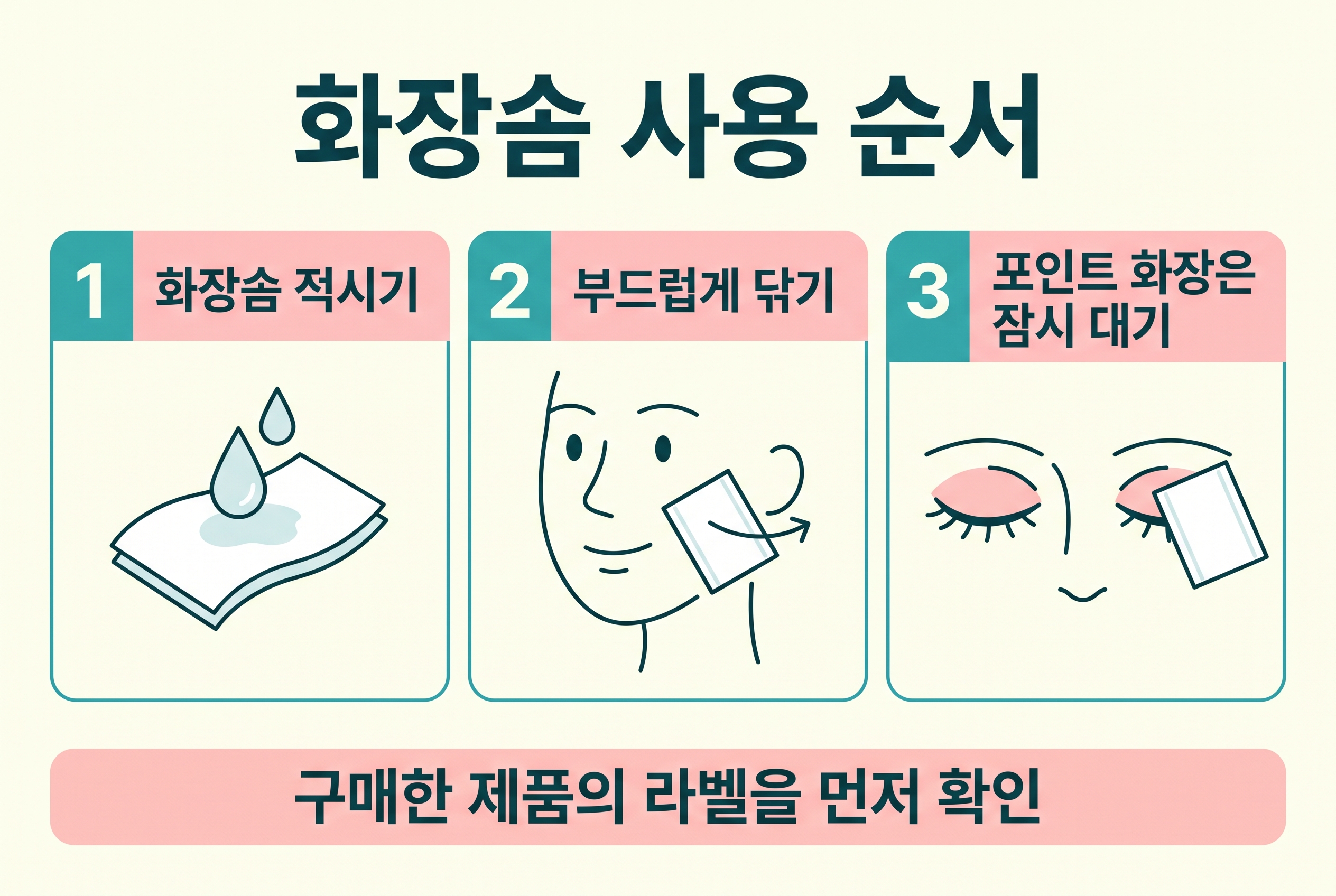 센시비오 H2O 사용 안내의 적신 화장솜&middot;부드럽게 닦기&middot;눈가 잠시 대기 설명 도식
