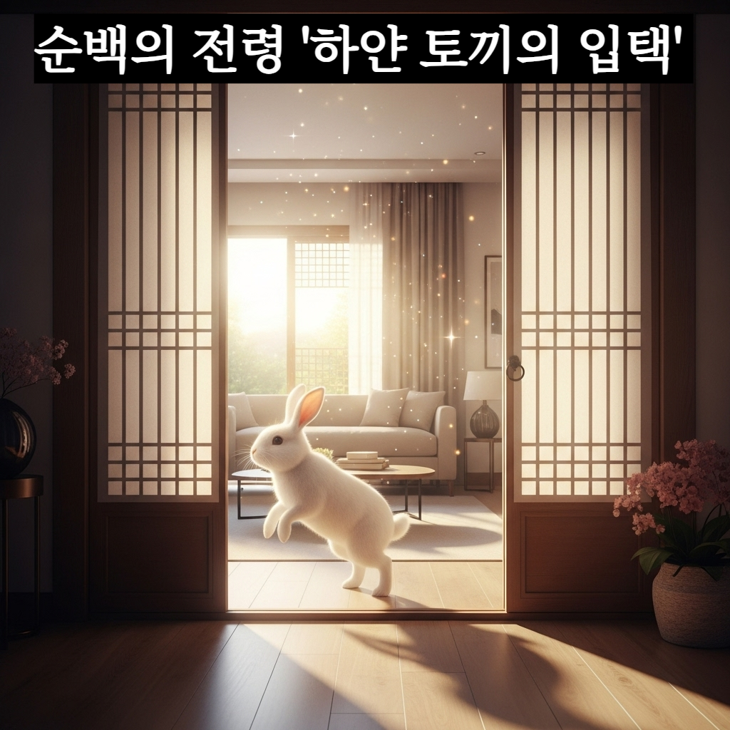 따스한 오후 햇살이 비치는 거실 문턱을 넘어 하얀 토끼가 깡충깡충 뛰어 들어오고 있는 평화롭고 풍요로운 분위기의 일러스트