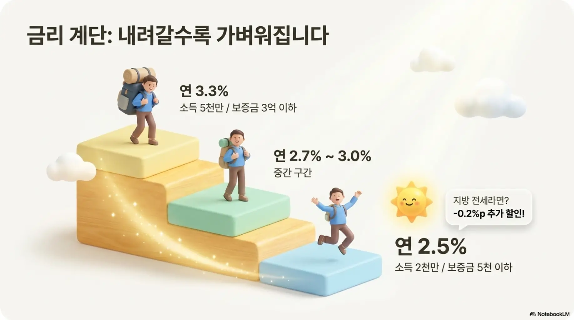 버팀목전세자금대출 소득·보증금 구간별 금리를 계단 형태로 표현한 이미지. 연 2.5%부터 3.3%까지 구간별 금리와 지방 소재 시 0.2%p 추가 할인 정보를 시각적으로 전달하며, 블로그의 버팀목전세자금대출 금리와 관련된 내용을 설명함
