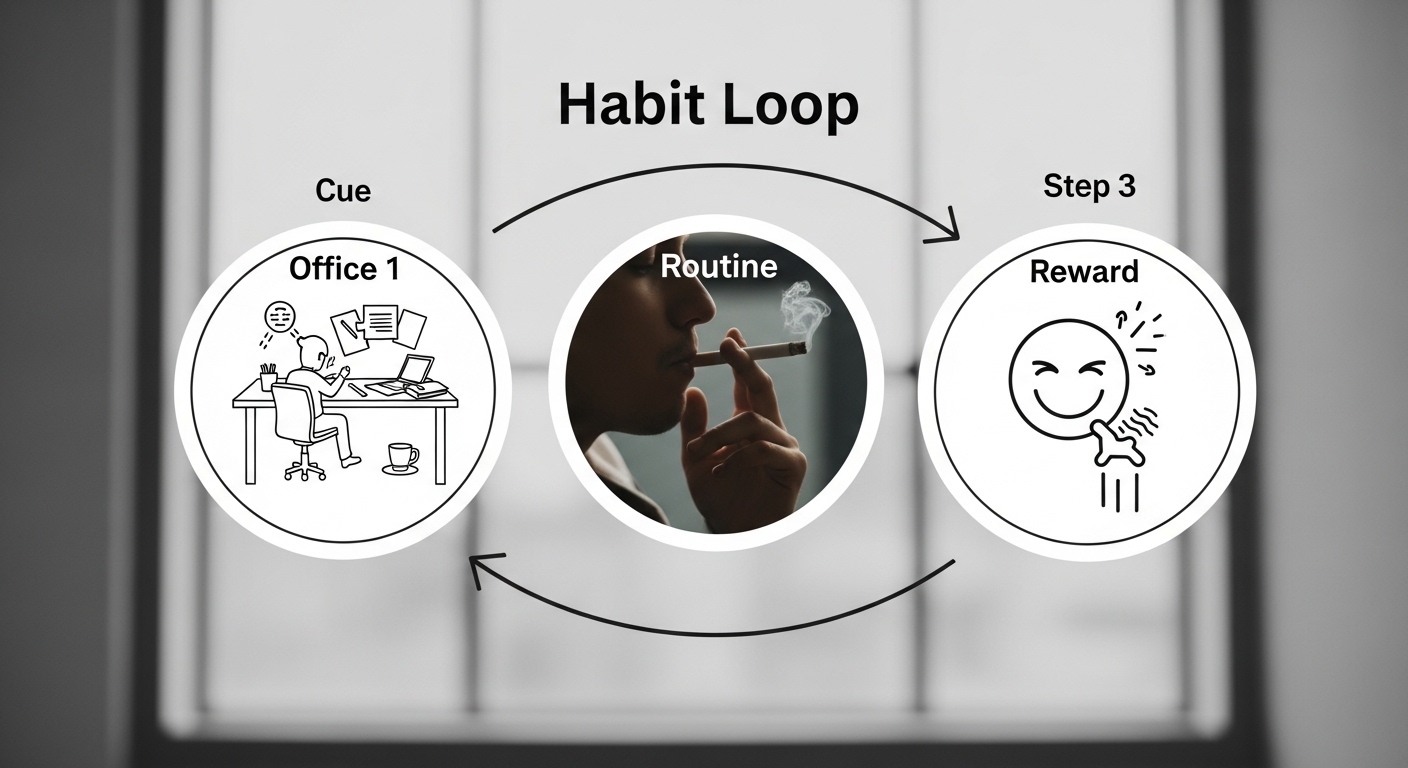 '신호(스트레스) &rarr; 반복 행동(흡연) &rarr; 보상(안정감)'으로 이어지는 습관 고리를 시각적으로 설명하는 3단계 원형 다이어그램.