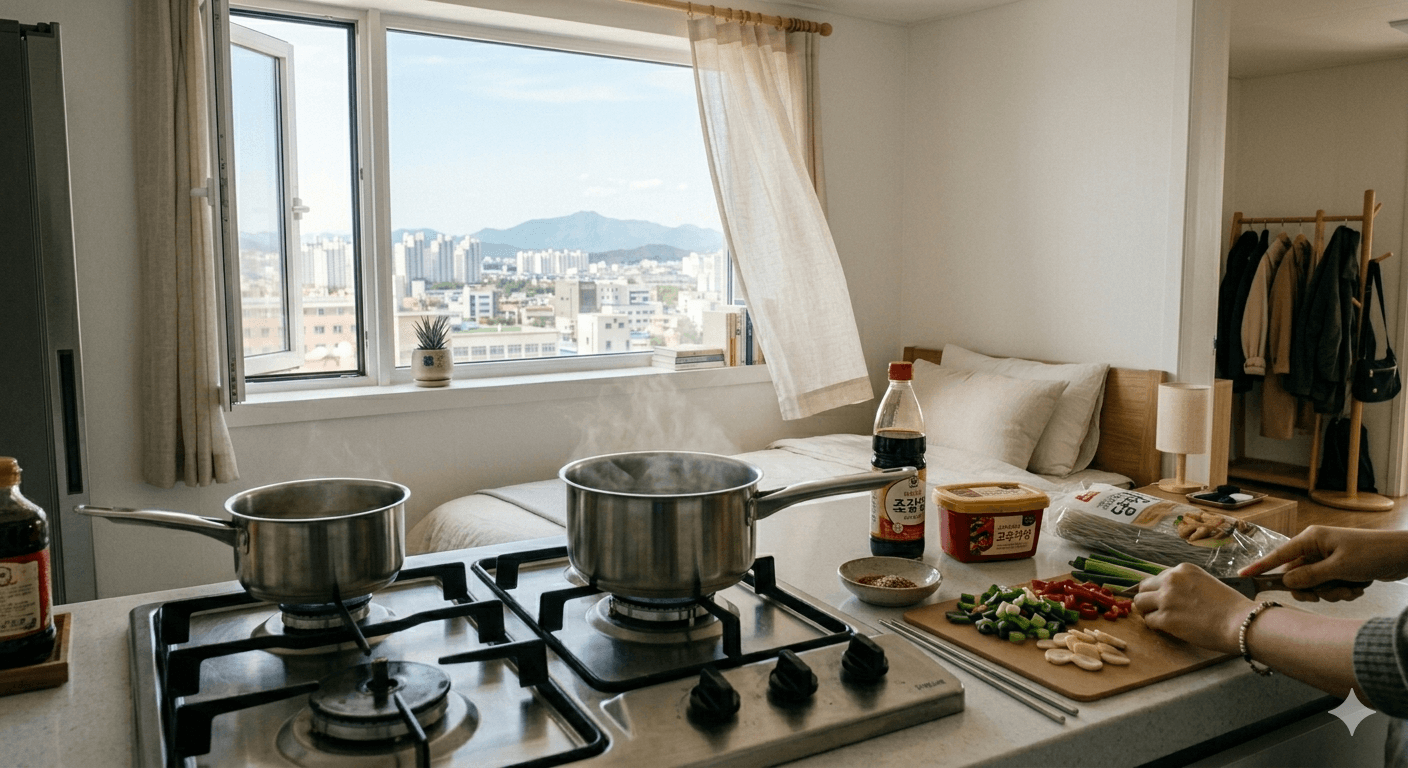 가스레인지에서 요리하는 이미지