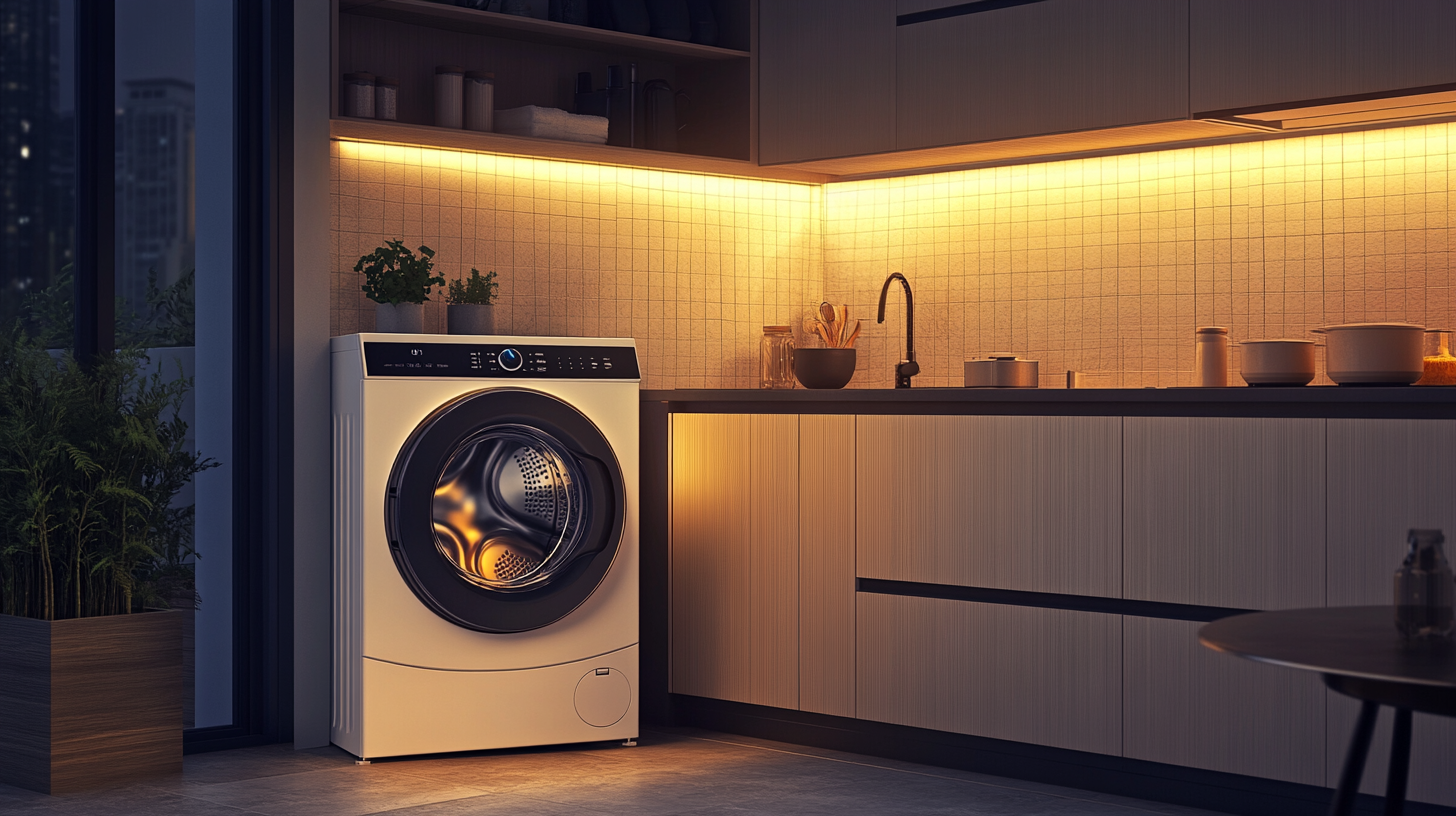 위니아 올인원 세탁기가 작은 아파트 주방 옆에 설치된 사례. 공간 절약형 디자인이 강조된 실용적인 배치입니다.