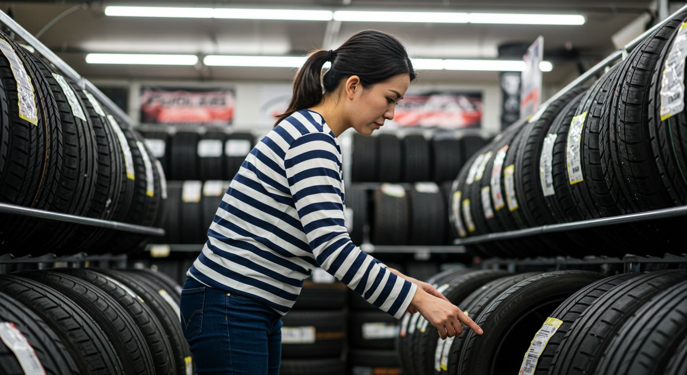 타이어 매장에서 타이어를 고르는 여성의 모습