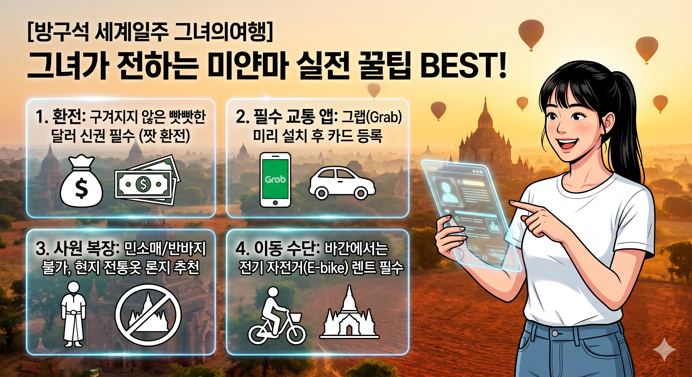방구석 세계일주 그녀의여행 미얀마 여행 실전 꿀팁 완벽 압축 가이드 인포그래픽 이미지. 바간의 붉은 평원과 열기구를 배경으로 검은색 포니테일 머리를 한 젊은 한국 여성 여행자(오른쪽 측면)가 흰색 반팔 티셔츠와 청바지를 입고 환한 미소와 함께 왼손에 투명 태블릿을 들고 오른손으로 가리키며 활기차게 설명하고 있다. 왼쪽에는 '[방구석 세계일주 그녀의여행] 그녀가 전하는 미얀마 실전 꿀팁 BEST!'라는 제목과 함께 '1. 환전: 구겨지지 않은 빳빳한 달러 신권 필수 (짯 짯 환전)', '2. 필수 교통 앱: 그랩(Grab) 미리 설치 후 카드 등록', '3. 사원 복장: 민소매/반바지 불가, 현지 전통옷 론지 추천', '4. 이동 수단: 바간에서는 전기 자전거(E-bike) 렌트 필수' 정보가 홀로그램 카드 형태로 깔끔하게 정리되어 있다. 어떠한 가짜 도메인 주소나 불필요한 텍스트도 없는 깨끗한 고화질 인포그래픽