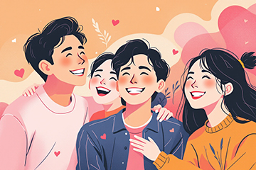 서로를 격려하며 웃고 있는 젊은 예술인들. 예술활동증명 신청 후 만족스러운 분위기의 장면.