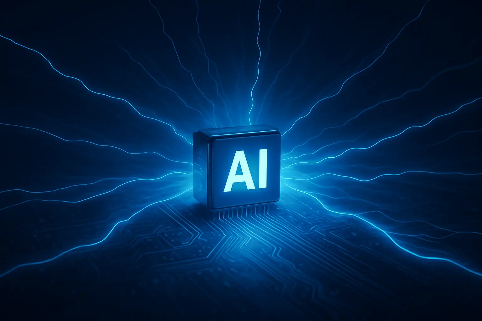 전력을 발산하는 인공지능 칩, 에너지 흐름을 시각화한 미래 기술 이미지