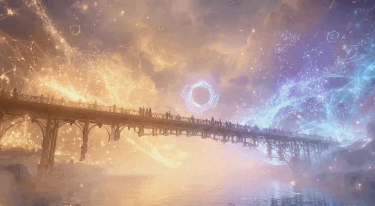 &lsquo;체인링크 오라클 네트워크가 블록체인과 현실 세계를 연결하는 다리&rsquo;라는 문구가 포함된 대표 이미지. 이 이미지는 주황빛 현실 세계와 파란빛 블록체인 세계가 다리로 이어지고 중앙에 체인링크 로고가 빛나는 장면을 시각적으로 표현하며, 블로그의 체인링크와 LINK 코인 주제와 관련된 내용을 설명함 (Chainlink, LINK coin, oracle network, blockchain connection).