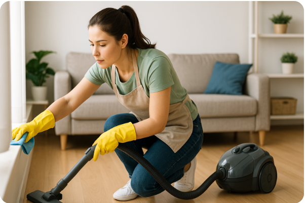 거실에서 청소하는 주부 모습