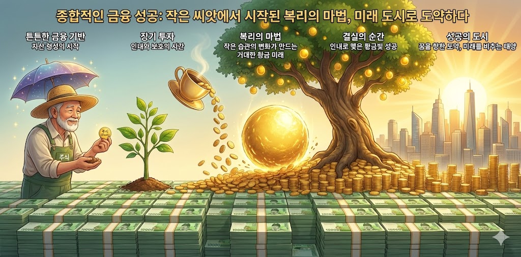 하루 1만 원을 꾸준히 저축했을 때 30년 뒤 삼성전자 주가와 맞물려 거대한 빌딩 숲(부)을 이루는 시각 자료