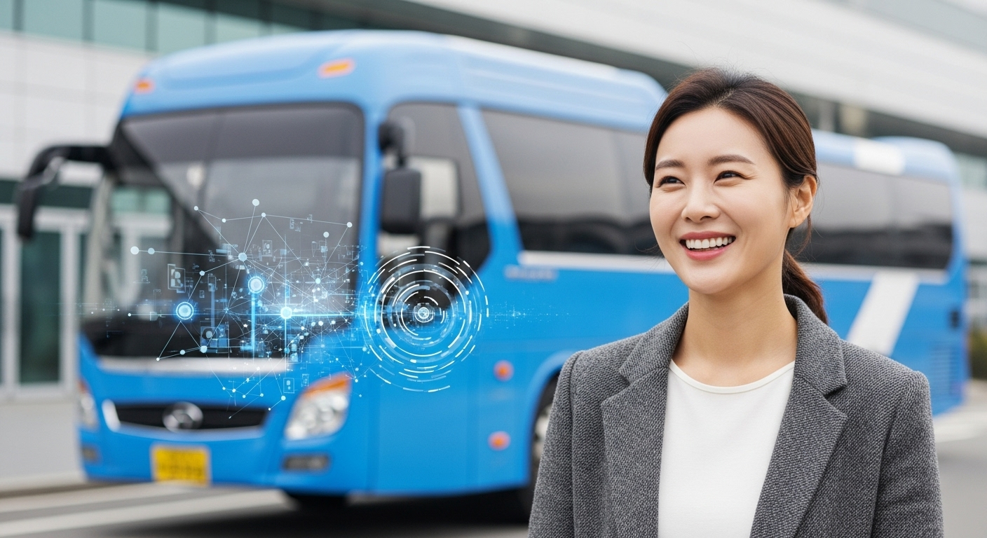 2025년 대형면허 국비지원 정보를 확인하며 환하게 웃는 남성, 뒤로는 파란색 버스가 보인다.