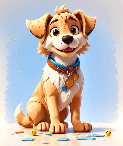 갈색 강아지가 앉아있다. 목에는 파란색과 갈색이 섞인 목줄을 하고 있다.