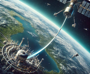 우주 엘리베이터가 지구와 우주 정지 궤도를 연결하고 있는 모습