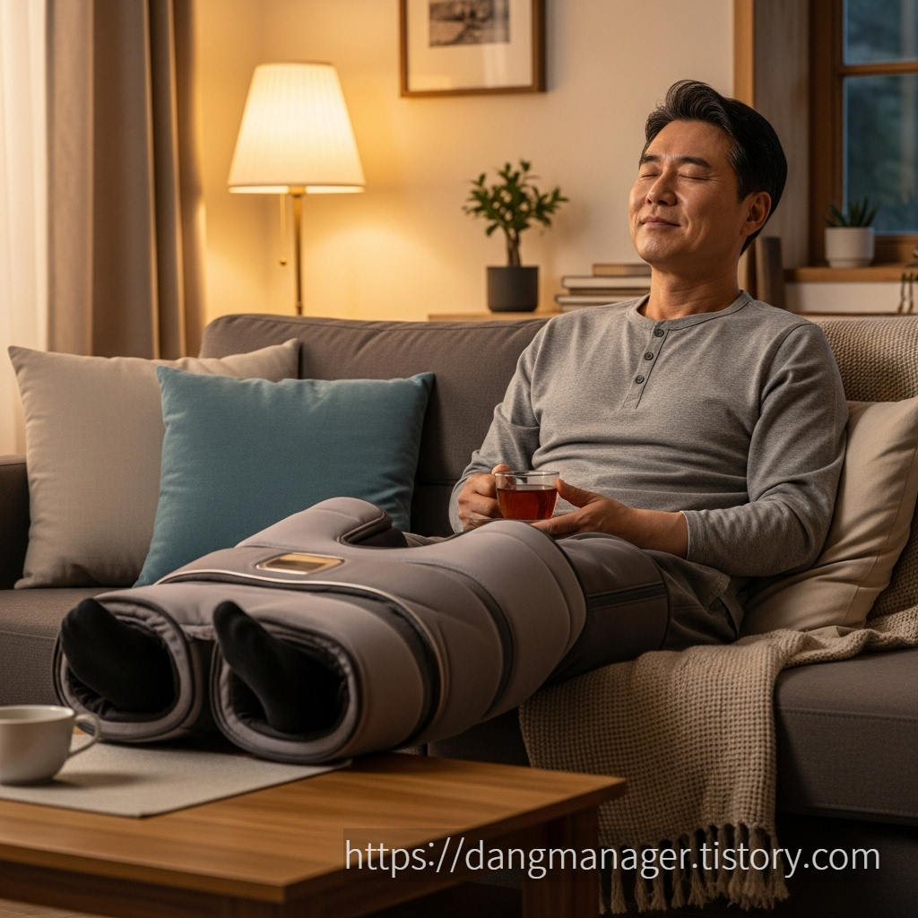 한 중년의 남성이 거실 소파에 편안하게 앉아, 제스파 다리 마사지기를 착용하고 만족스러운 표정으로 휴식을 취하는 모습