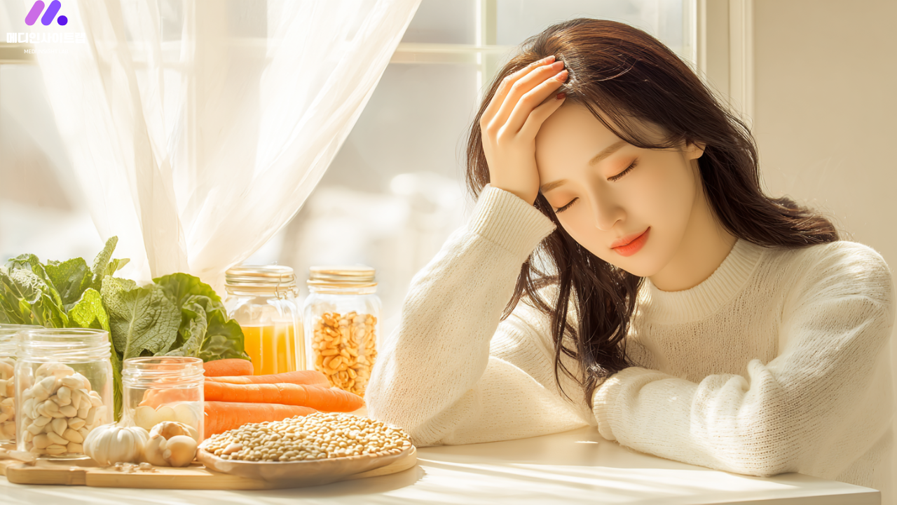 비타민 B1 결핍으로 피로와 신경 증상을 느끼는 성인과 관련 식품 이미지