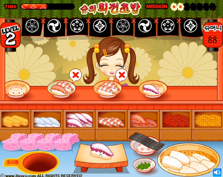 슈의-회전초밥-만들기-플래시게임-플레이-접시위에-문어-초밥을-만드는-화면
