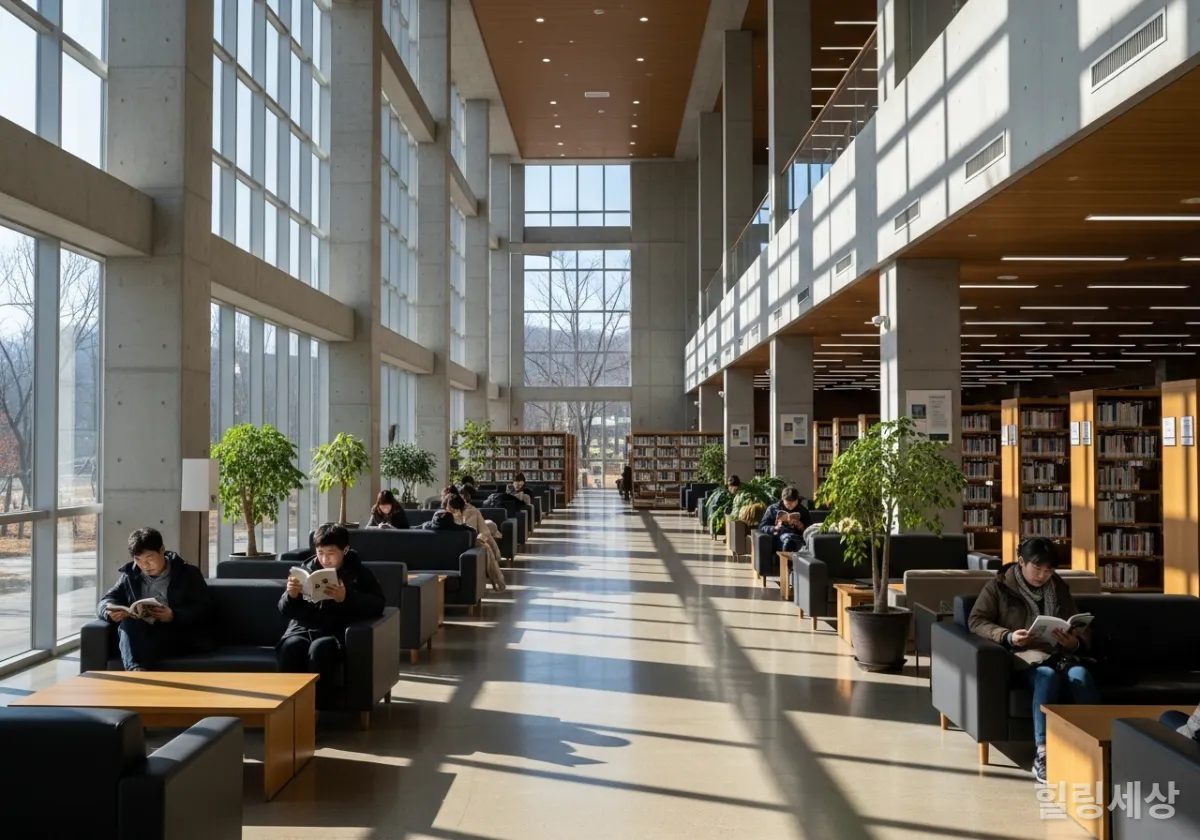 햇살이 들어오는 의정부 미술도서관 내부에서 책을 읽으며 휴식하는 한국 사람들의 모습