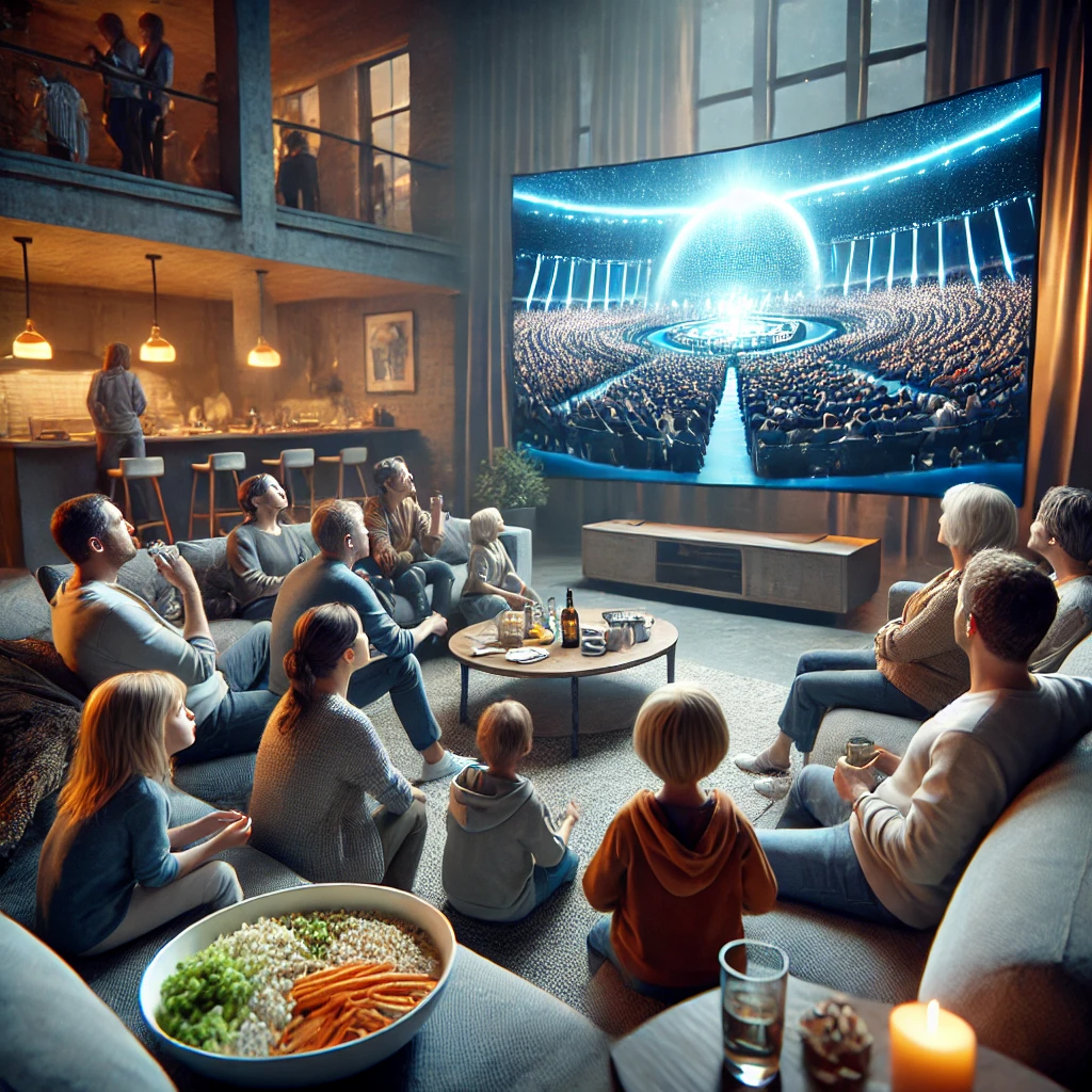 친구들이 함께 OTT 콘텐츠를 시청하며 소파와 바닥 쿠션에 편하게 앉아 있는 모습.