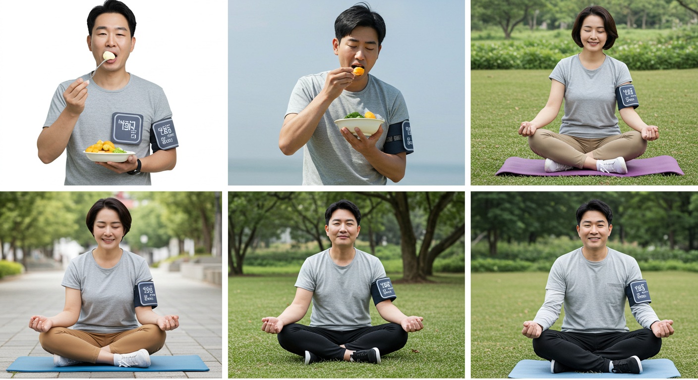 혈압 관리를 위한 건강한 생활습관을 실천하는 다양한 연령대의 사람들