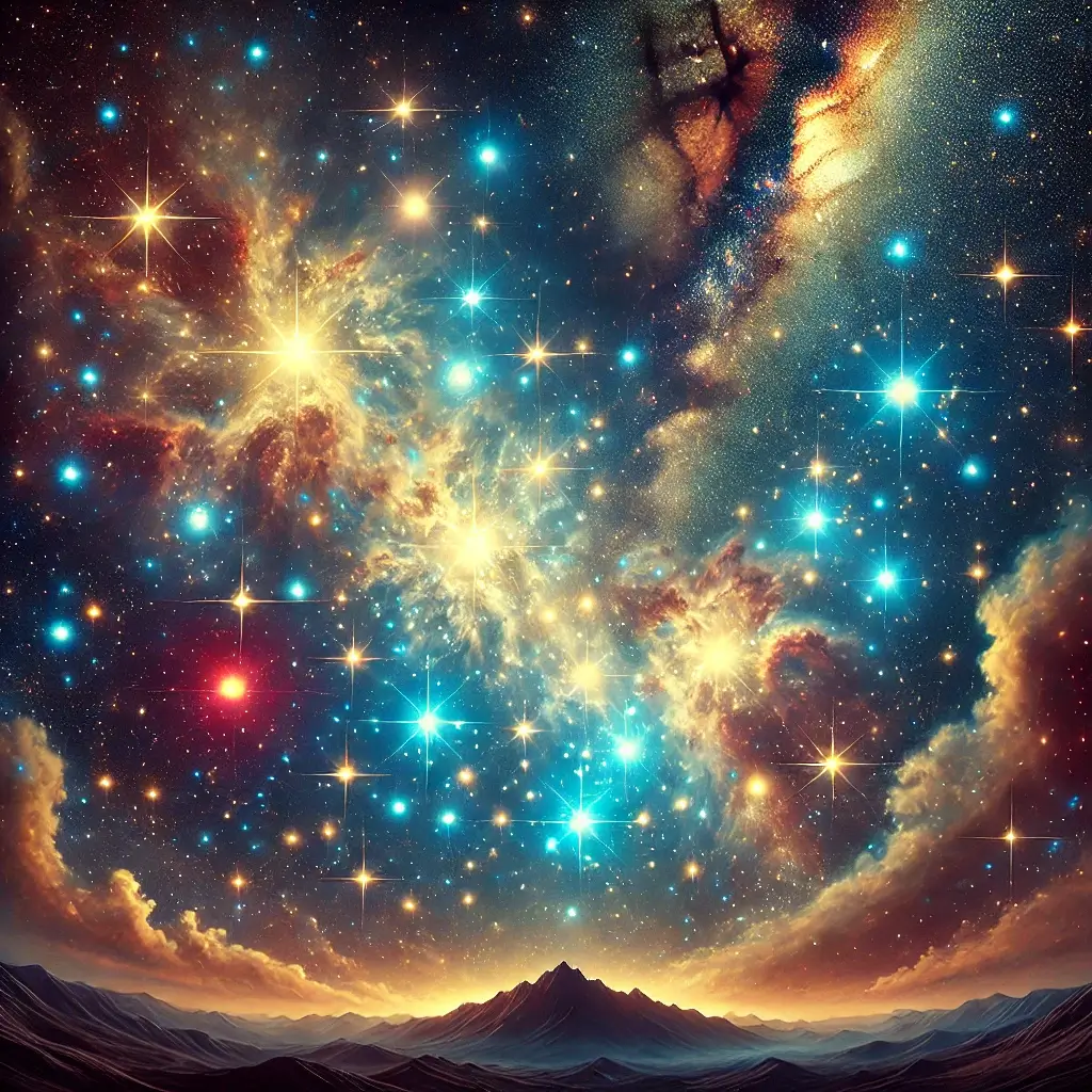 별들이 모여있는 히아데스와 플레이아데스 성단과 관련된 창의적인 사진 이미지 하늘에 별과 은하 성단의 모습들이 구름처럼 퍼져있다.