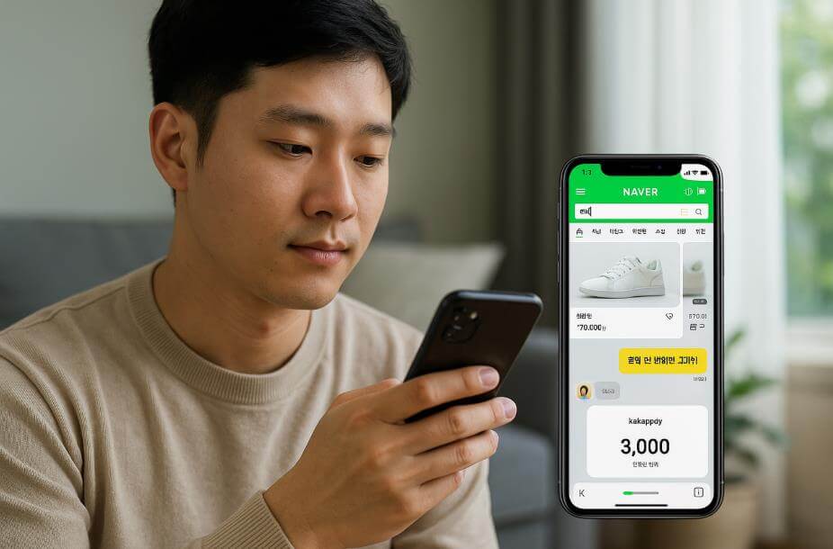 청년이 스마트폰으로 네이버 쇼핑&middot;카카오페이를 이용하는 모습
