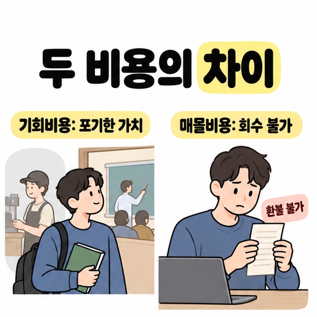 두 비용의 차이라는 문구 아래 수업을 선택하며 포기한 아르바이트와 환불 불가능한 영수증을 나란히 보여주는 그림
