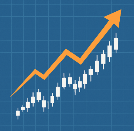 주식 차트 + 상승 곡선 → 코스피·코스닥 급등을 직관적으로 보여주는 그래프 스타일