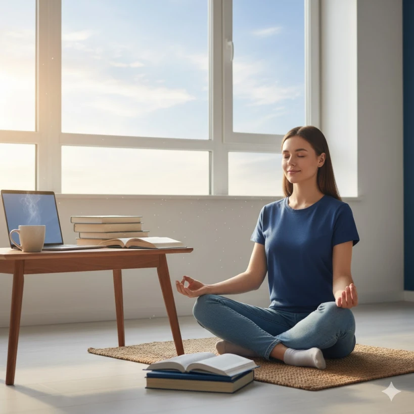 책상에 앉아 차분하게 명상하는 여성 수험생의 모습, 뒤로는 밝은 아침 햇살이 비친다. 시험 스트레스 관리를 위한 멘탈 케어를 상징한다.