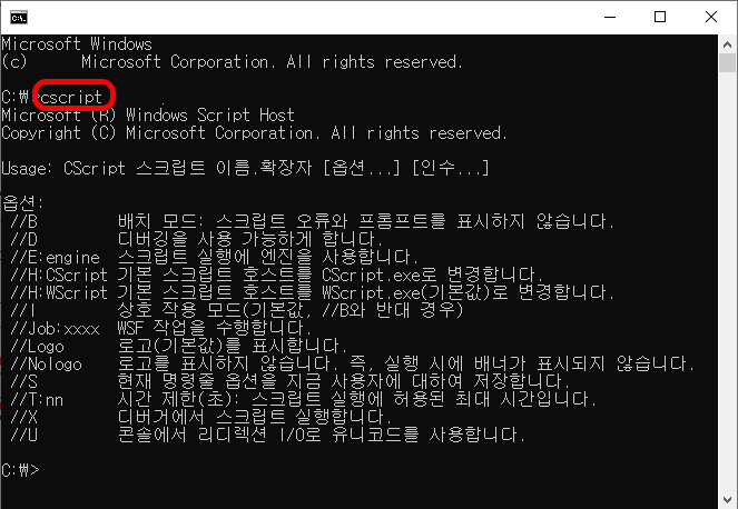cmd에서 cscript가 실행된 화면