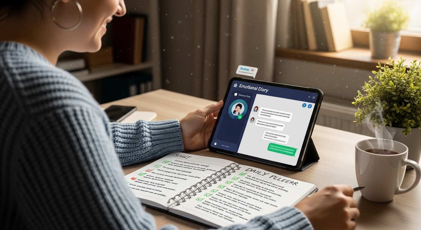 AI 챗봇 감정일기로 하루를 정리하며 편안함을 느끼는 사용자 모습
