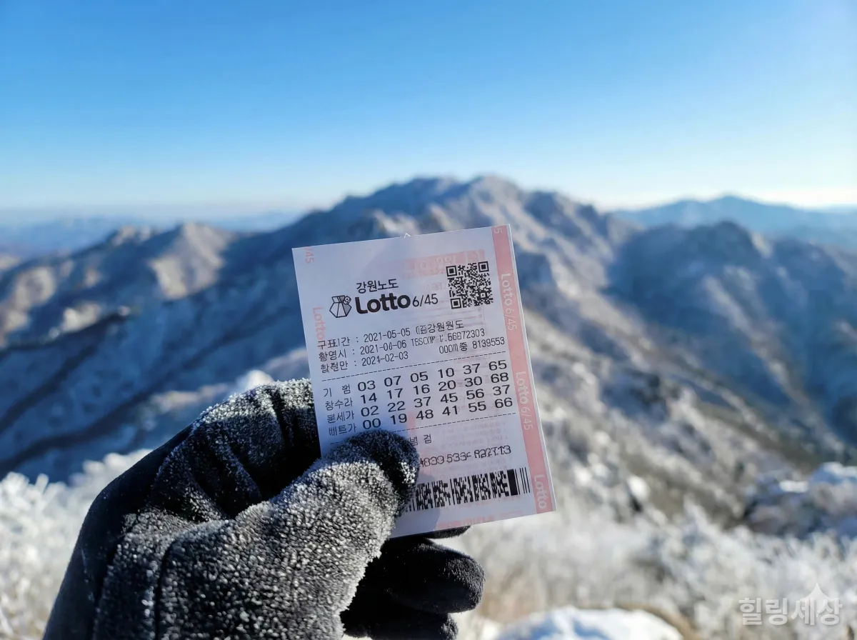 강원도 설경을 배경으로 로또 복권을 들고 있는 손