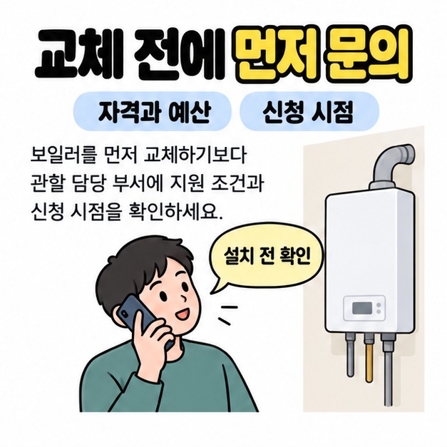교체 전에 자격과 예산, 신청 시점을 문의하도록 안내하며 기존 보일러 옆에서 전화하는 사람을 그린 카드