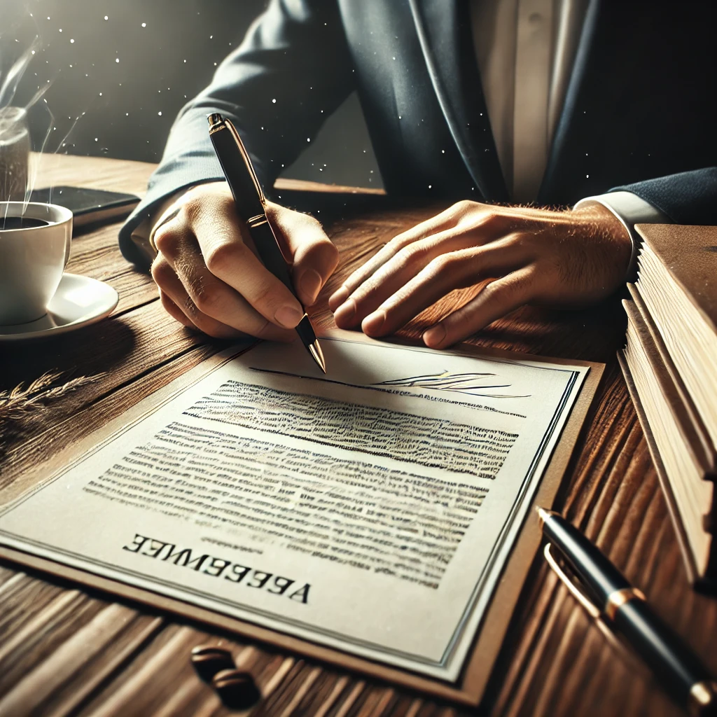 나무 책상 위에서 문서를 서명하는 사람