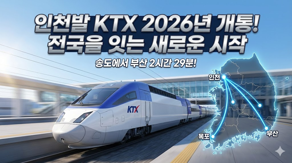 현대적인 인천 송도역을 배경으로 힘차게 출발하는 최신형 KTX 열차의 모습을 3D 렌더링으로 역동감 있게 표현했습니다. 이미지 우측에는 한반도 지도가 빛나는 선으로 인천에서 부산과 목포를 연결하는 노선을 보여주며, 상단에는 "인천발 KTX 2026년 개통! 전국을 잇는 새로운 시작"이라는 문구가 타이포그래피로 강조되어 있습니다.