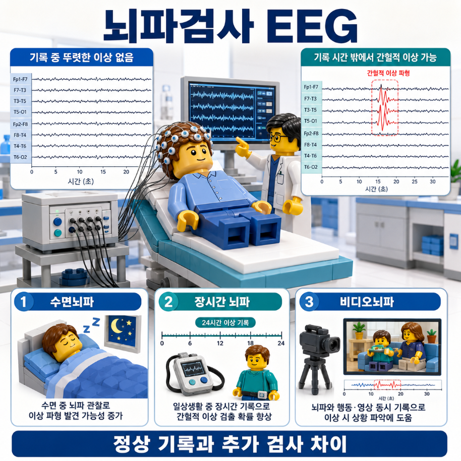 뇌파검사 결과가 정상이어도 발작 관련 파형을 놓칠 수 있는 이유와 수면·장시간·비디오뇌파 차이를 설명하는 의료 인포그래픽