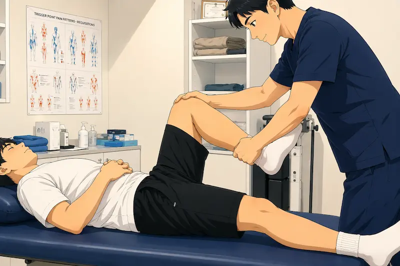 정형외과 물리치료실 베드에 누워 남자 치료사에게 다리와 무릎 관절 도수치료를 받고 있는 환자의 일러스트 이미지