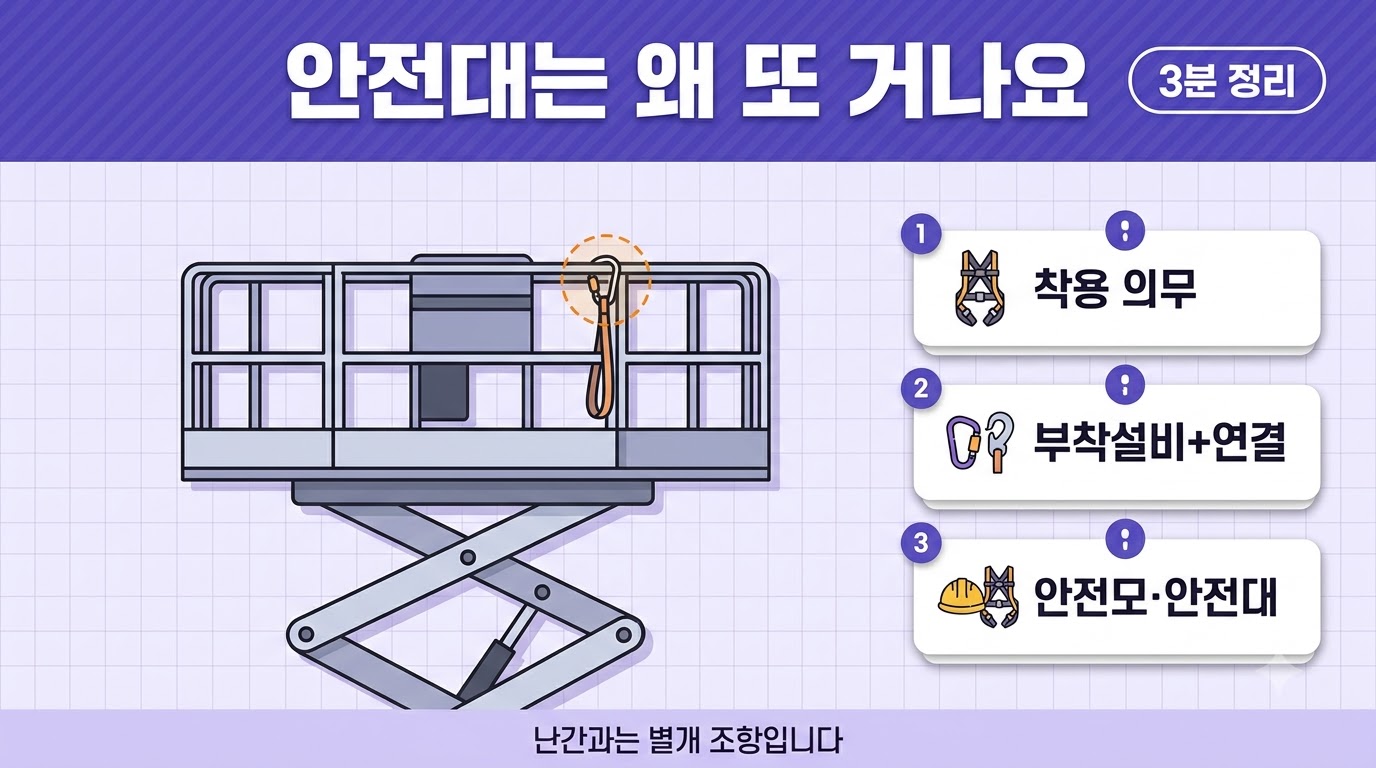 고소작업대 안전대 착용 의무와 붐 상승 상태 이탈 조건을 정리한 이미지