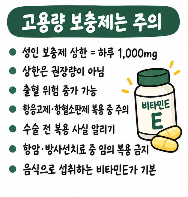 고용량 보충제는 출혈 위험이 있고 항응고제·항혈소판제 복용이나 수술·항암치료 중에는 주의해야 한다는 카드